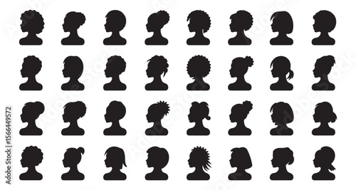 Set of Stylish Women Head Silhouettes Diverse Hair Styles for Beauty Fashion Industry and Design Projects Creative Vector Art