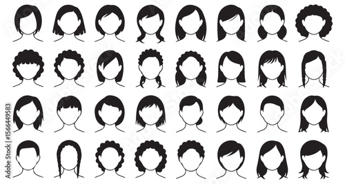 Diverse Hairstyles Visualized A Comprehensive Collection of Haircut Silhouettes Representing Varied Lengths Styles and Textures for Creative Fashion and Design