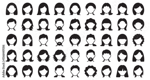 Diverse Silhouette Faces A Collection of Stylized Headshots Representing Various Haircuts and Facial Features in a Minimalist Design