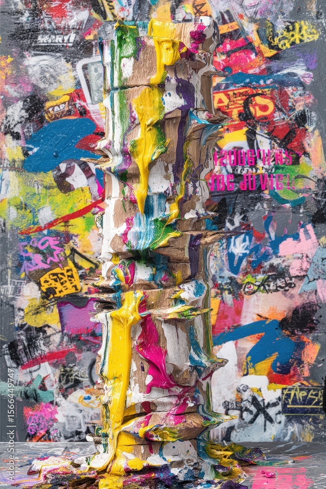 Fototapeta premium Vibrant abstract sculpture surrounded by colorful urban graffiti in art exhibit