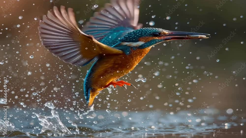 hermoso pájaro Martín pescador volando saliendo del agua de un rio con un pez en el pico, salpicado de gotas de agua