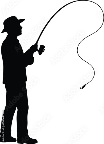 Silhouette fisherman casting fishing rod outdoor hobby vector illustration