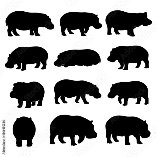 Silhouette collection of various hippopotamus poses.