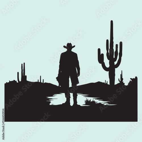 Cowboy in the Desert Silhouette Icon Western Wild West Theme