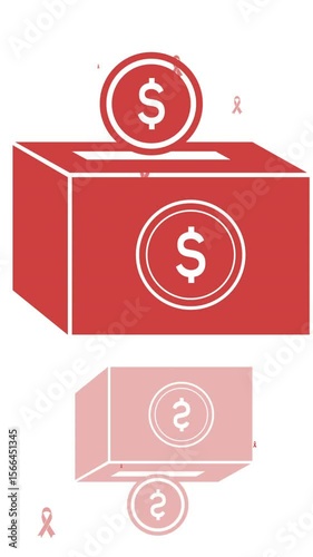 Animation of dollar money box and cancer ribbons icons over white background