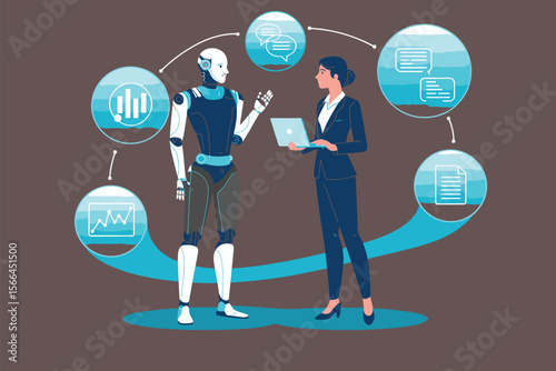 Minimalist AI & Business Collaboration Illustration – Robot and Woman on Teal


