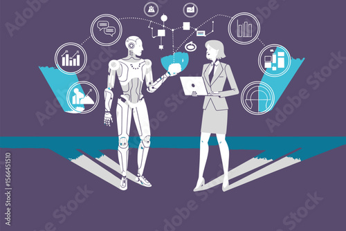 Teal Futuristic Teamwork Illustration – AI Assistant and Female Professiona