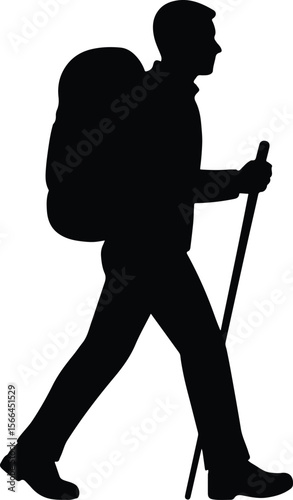 Silhouette hiker with backpack and hiking pole vector illustration