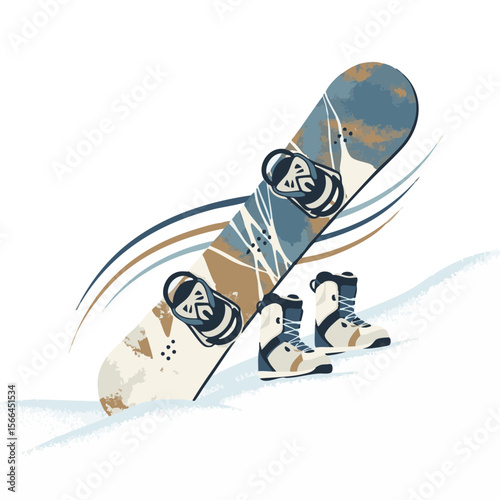 Snowboard and Boots Leaning on Hill with Motion Curves, Flat Snow Icon