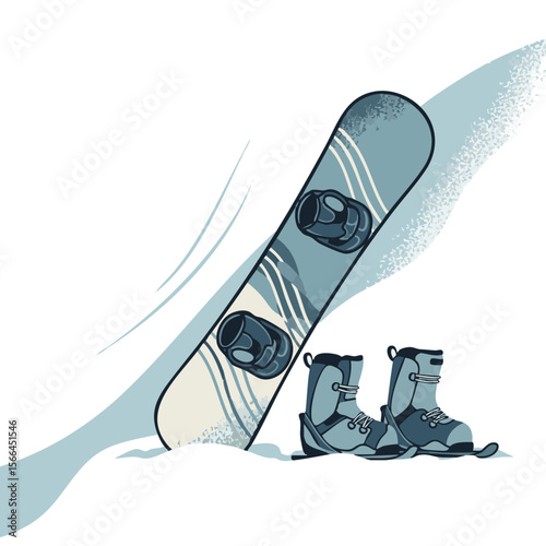 Snowboard and Boots Leaning on Hill with Motion Curves, Flat Snow Icon