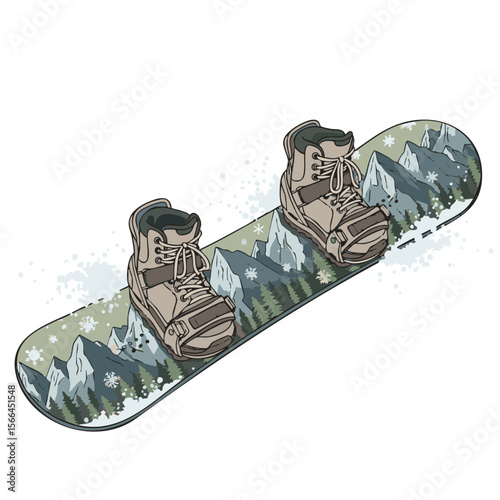 Snowboard with Mountain Print and Boots, Snow Spray Accents, Flat Vector