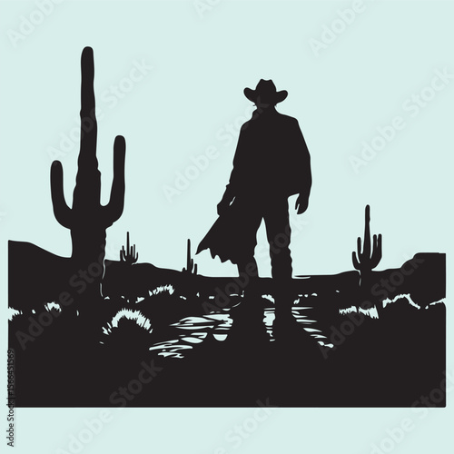 Lone Cowboy and Cactus Silhouette Desert Western Landscape Icon