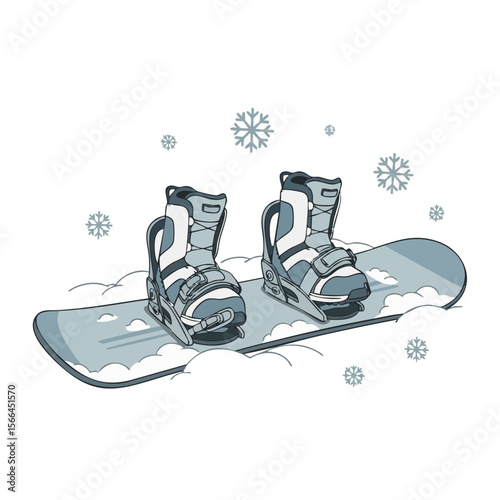 Snowboard with Boots Clipped In and Snowflakes Around, Flat Winter