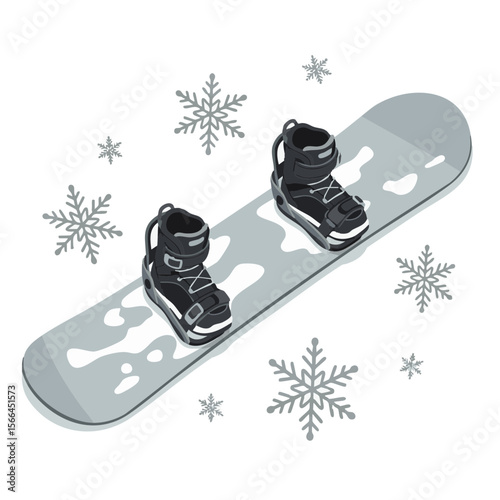 Snowboard with Boots Clipped In and Snowflakes Around, Flat Winter