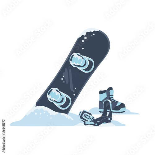 Snowboard Half-Buried in Snow with Loose Boot and Frost Texture, Flat Icon