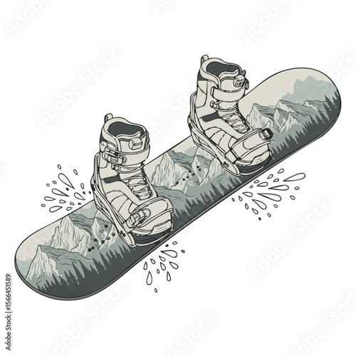 Snowboard with Mountain Print and Boots, Snow Spray Accents, Flat Vector