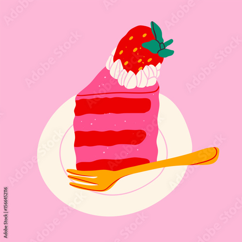 Tasty pink cake with strawberry, cream on a plate with fork. Hand drawn modern Vector illustration. Isolated design element. Summer fresh sweets concept. Logo, icon, print, poster, sticker template