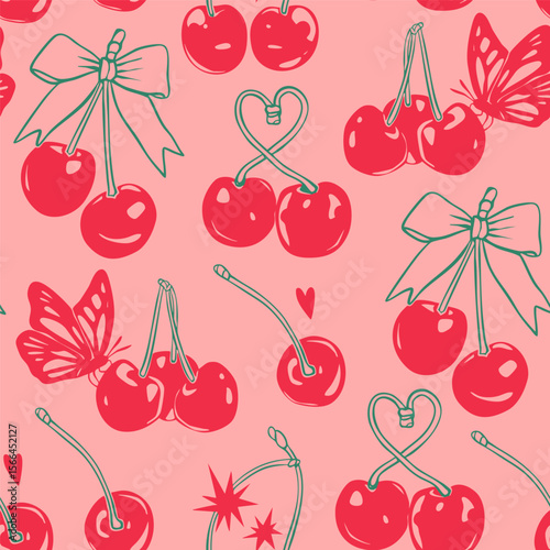 Red Cherry set. Cherries on stem, with bow ribbon, butterfly. Double, triple cherries. Symbol of luck. Hand drawn trendy Vector illustration. Square seamless Pattern, background, wallpaper