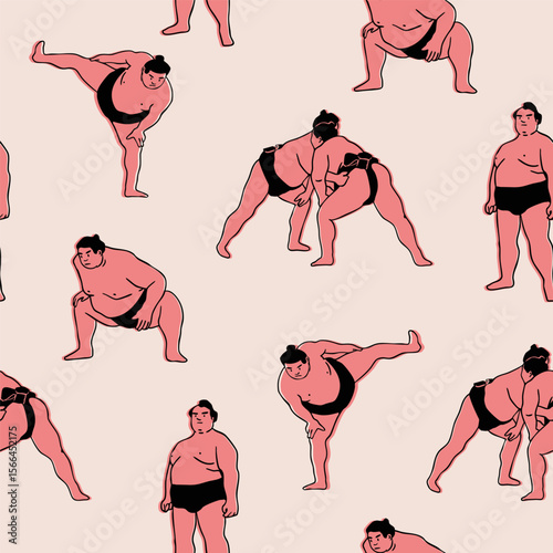 Sumo Wrestlers set. Various positions. Japanese traditional martial art, combat sport activity concept. Hand drawn trendy Vector illustration. Square seamless Pattern, background, wallpaper 