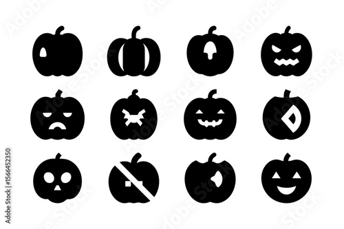 Broken pumpkin face black color solid fill icon collection
