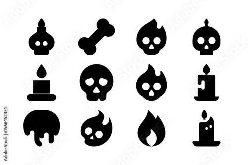 Cursed skull candle black color solid fill icon set