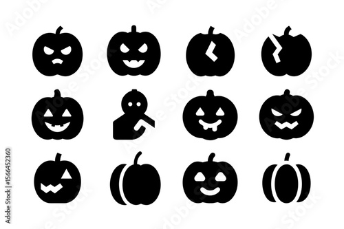 Broken pumpkin face black color solid fill icon set