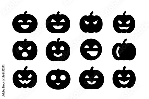 Evil laughing pumpkin face black color solid fill icon bundle