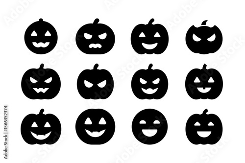 Evil laughing pumpkin face black color solid fill icon set