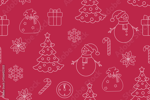Christmas theme  isolated  on viva magenta background. White outline drawing. Seamless pattern under clipping mask, convenient for editing. Background for paper, textile, gift wrap.