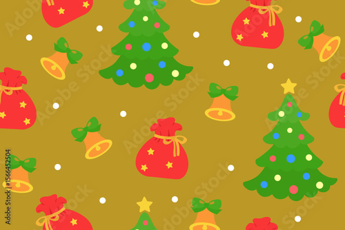 Christmas tree, gift bag and jingle bell on yellow background. Seamless pattern under clipping mask, convenient for editing. Festive background for paper, cover, textile, gift wrap.