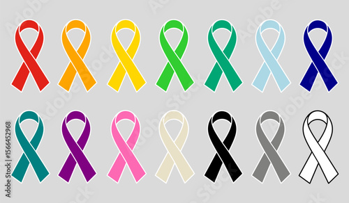 Colorful awareness ribbon icon collection in vector style. Ideal for medical, charity, memorial, or social campaign themes. Includes various colors representing cancer and cause awareness.
