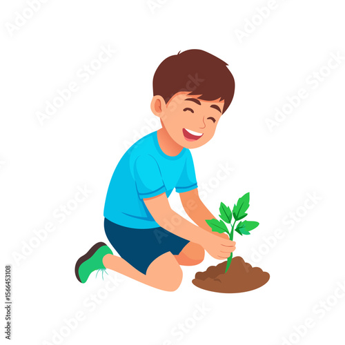 Happy boy planting sapling environmental conservation cartoon illustration