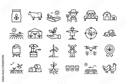 Eco Farm and Sustainable Agriculture Line Icon Set. Farming, Crops, Livestock, Wind Energy, Solar Power, Greenhouse, Tractor, Recycling, and More. Vector Illustration. Editable Stroke.