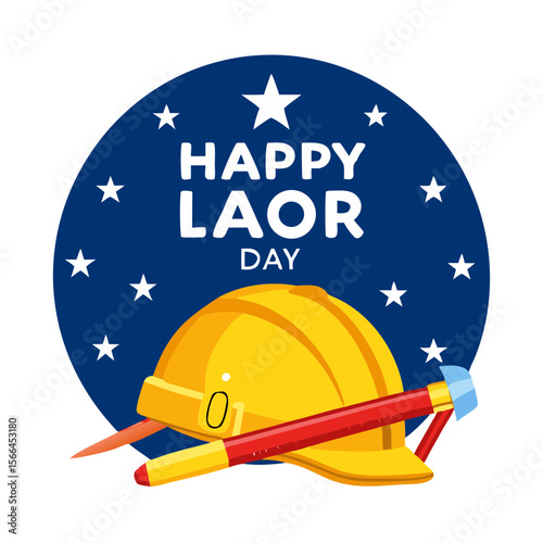Happy Labor Day Festive Design Yellow Hard Hat Tools Blue Stars Background Vector Illustration