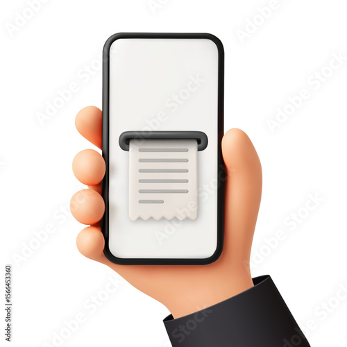 Phone with receipt. Hand holding smartphone with digital receipt on device screen. Mobile billing, online transactions and banking, paperless finance. Payment, ecommerce. 3D render vector element