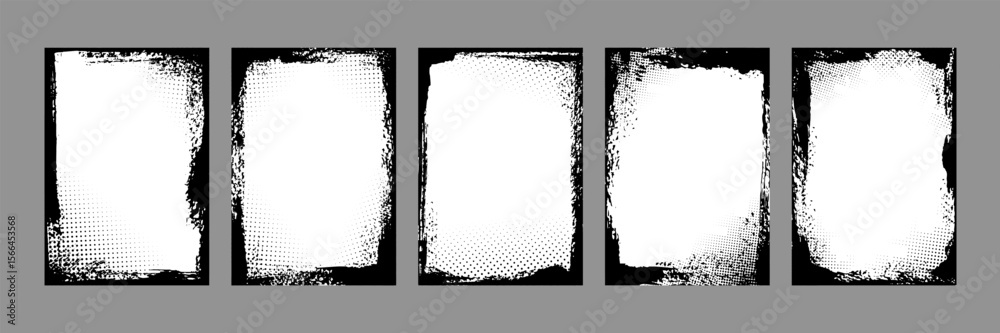 Fototapeta premium Grunge photo frames. Vertical grunge halftone rectangle frame with distressed ink borders and dotted comic texture. Retro posters, comics, pop art graffiti layout effects. Grungy edgy vector graphic