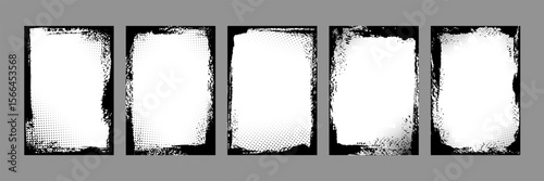 Grunge photo frames. Vertical grunge halftone rectangle frame with distressed ink borders and dotted comic texture. Retro posters, comics, pop art graffiti layout effects. Grungy edgy vector graphic