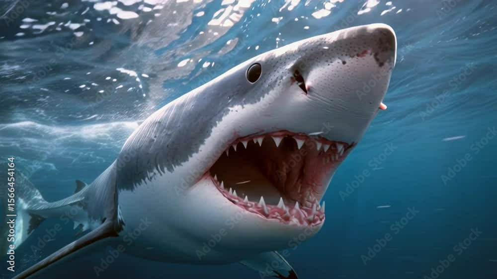 Tiburon blanco en el oceano enseñando sus dientes a camara