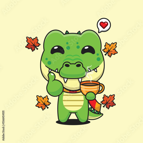 Cute crocodile holding holding a cup of coffee in autumn day cartoon vector illustration