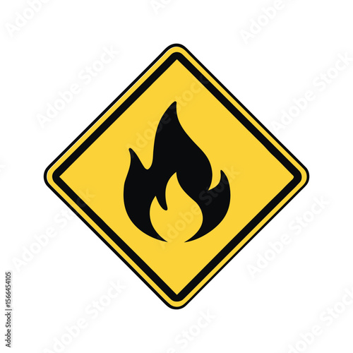 Yellow triangle warning sign with a black flame icon indicating fire danger and flammable a warning sign displaying a stylized black flame silhouette vector illustration icon on white background