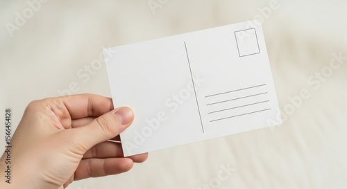Hand holding blank white postcard with address lines against textured background