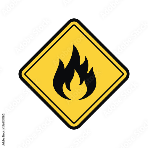 A yellow triangle warning sign with a black flame icon indicates fire danger, caution, and flammable material hazard a warning sign displaying a stylized black flame silhouette vector illustration