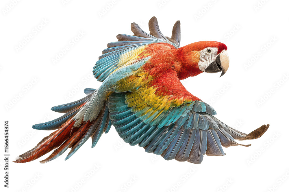 Fototapeta premium PNG Colorful scarlet macaw in flight with vibrant plumage display