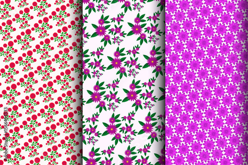 Vibrant Floral Seamless Pattern Set – Decorative Pink and Purple Blossoms with Green Leaves