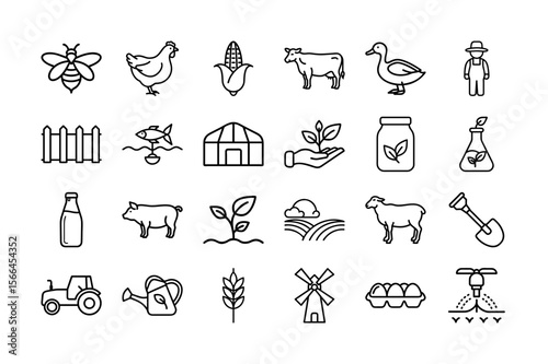 Farming and Agriculture Icon Set. Animals, Crops, Livestock, Greenhouse, Tractor, Watering, Farming Tools, Plants, and More. Vector Illustration. Editable Stroke.