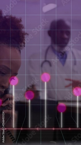 Discussing patient data, healthcare professionals with graph animation in hospital room
