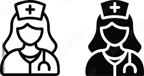 Nurse Icon with Stethoscope in Black and White Outline Vector Medical Design