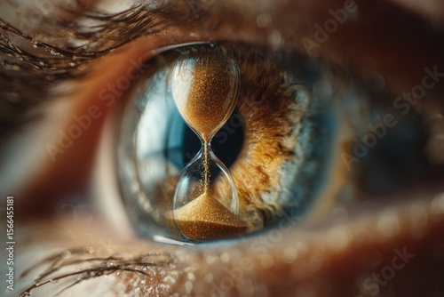 Eye reflecting an hourglass with golden sand symbolizing the passage of time