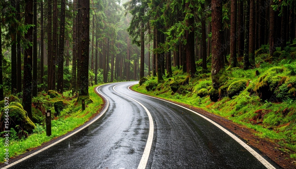 Fototapeta premium Serene Curved Forest Path After Rain Wet Surface Reflecting Light Surrounded by Mossy Trees and Natural Beauty