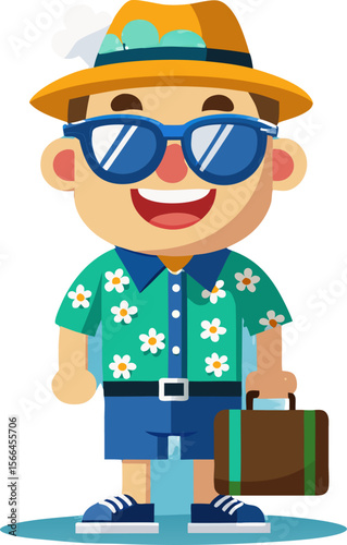 Smiling Traveler with Luggage: A joyful cartoon character embodies the spirit of wanderlust, ready for a sun-kissed adventure, sporting a hat, sunglasses, and a stylish shirt.